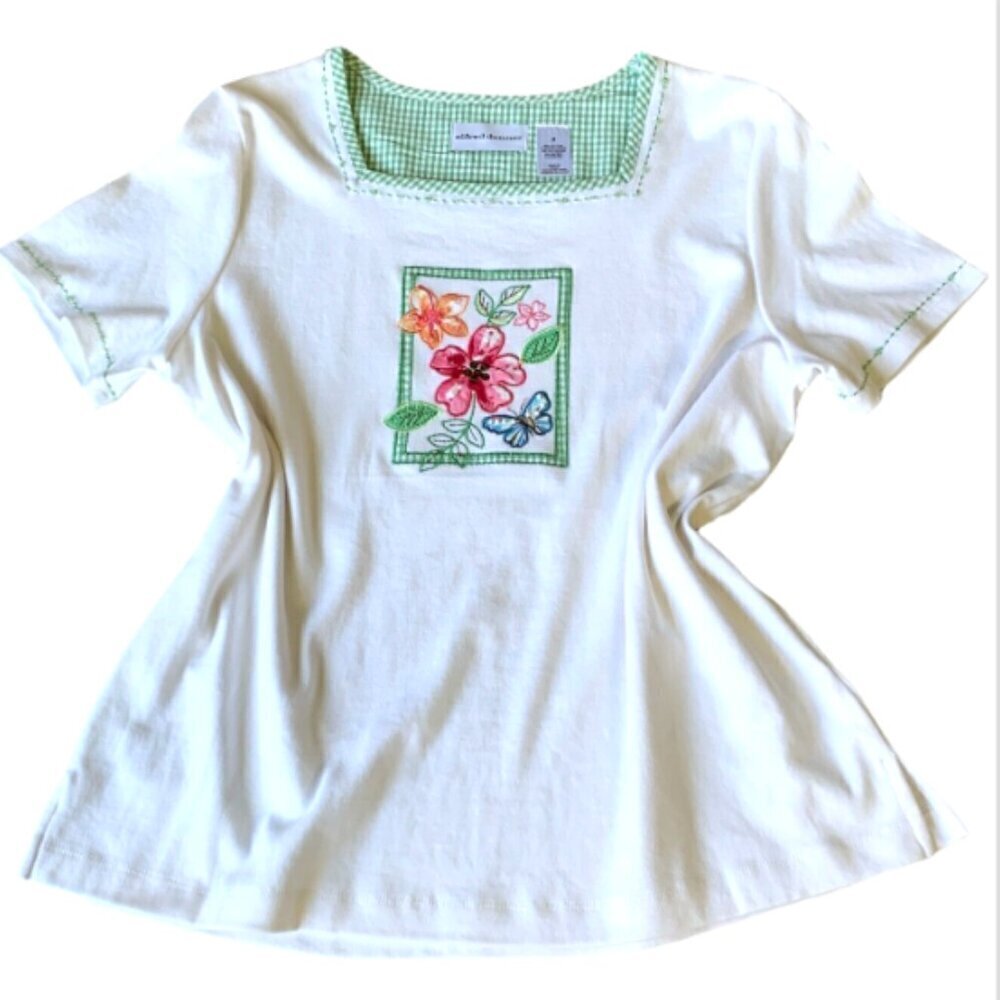 Alfred Dunner Square Neck Top Floral‎ Embroidery Gingham Beaded Sequins M 33P